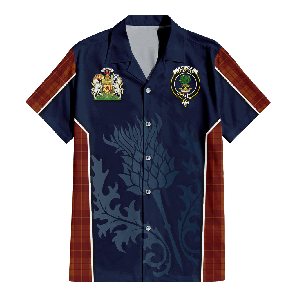 Tartan Vibes Clothing Hamilton Red Tartan Short Sleeve Button Up Shirt with Family Crest and Scottish Thistle Vibes Sport Style