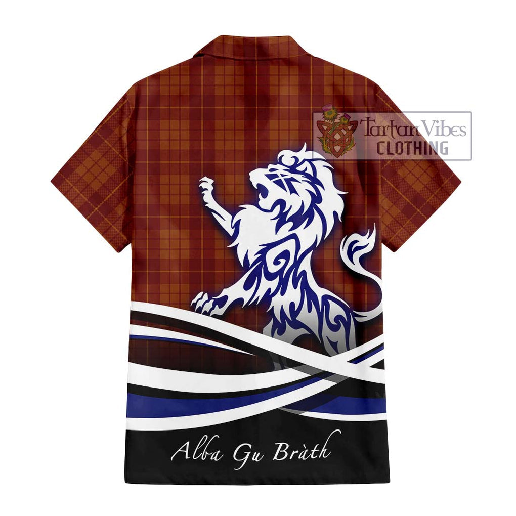 Hamilton Red Tartan Short Sleeve Button Shirt with Alba Gu Brath Regal Lion Emblem - Tartanvibesclothing Shop