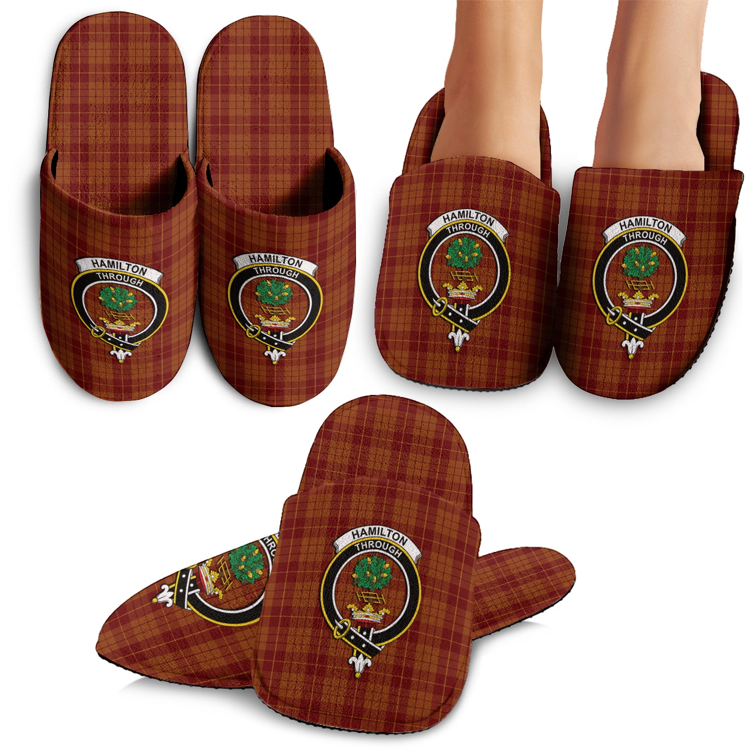 Hamilton Red Tartan Home Slippers with Family Crest - Tartanvibesclothing