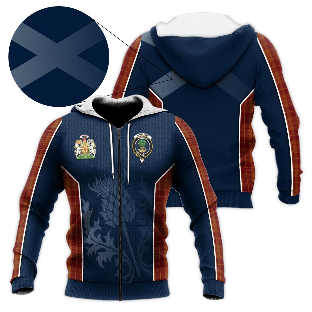 Tartan Vibes Clothing Hamilton Red Tartan Knitted Hoodie with Family Crest and Scottish Thistle Vibes Sport Style