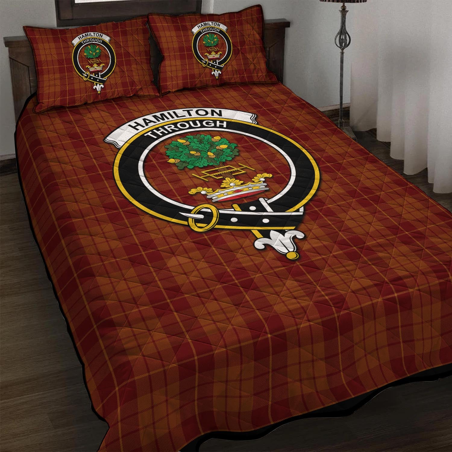 Hamilton Red Tartan Quilt Bed Set with Family Crest - Tartan Vibes Clothing