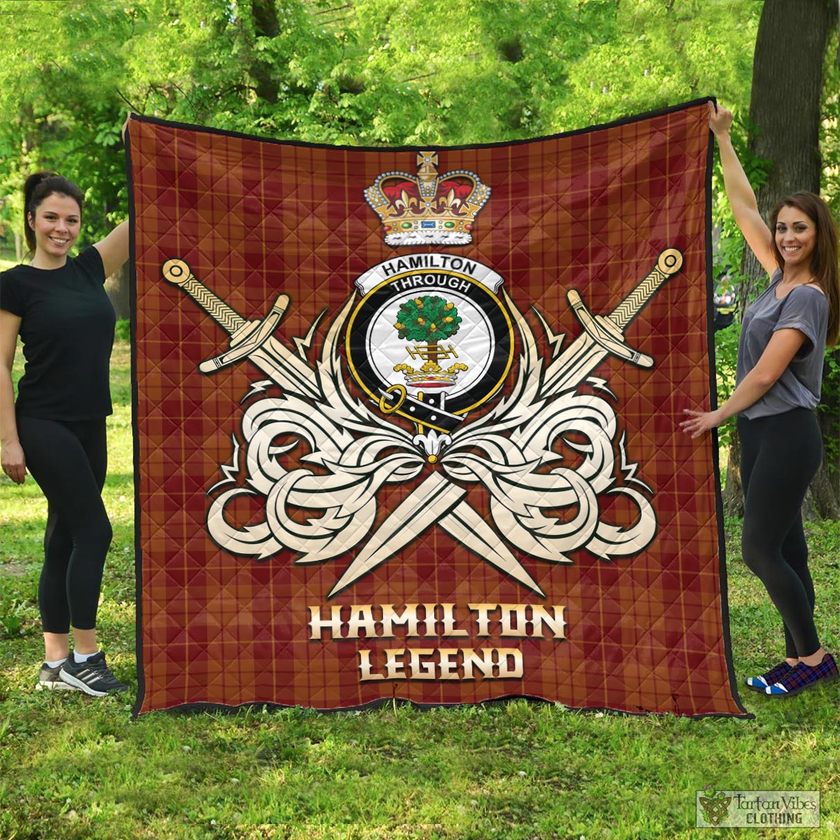 Tartan Vibes Clothing Hamilton Red Tartan Quilt with Clan Crest and the Golden Sword of Courageous Legacy