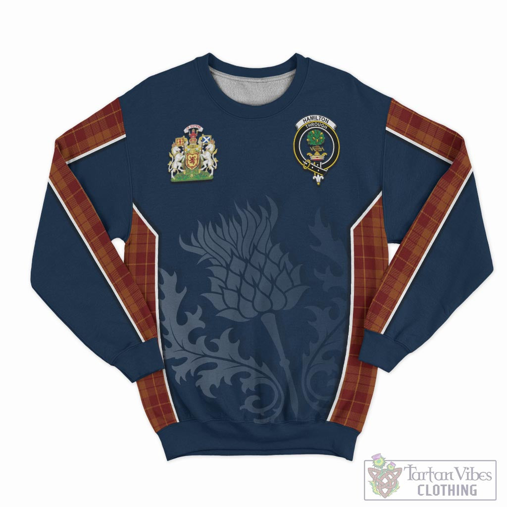 Tartan Vibes Clothing Hamilton Red Tartan Sweatshirt with Family Crest and Scottish Thistle Vibes Sport Style