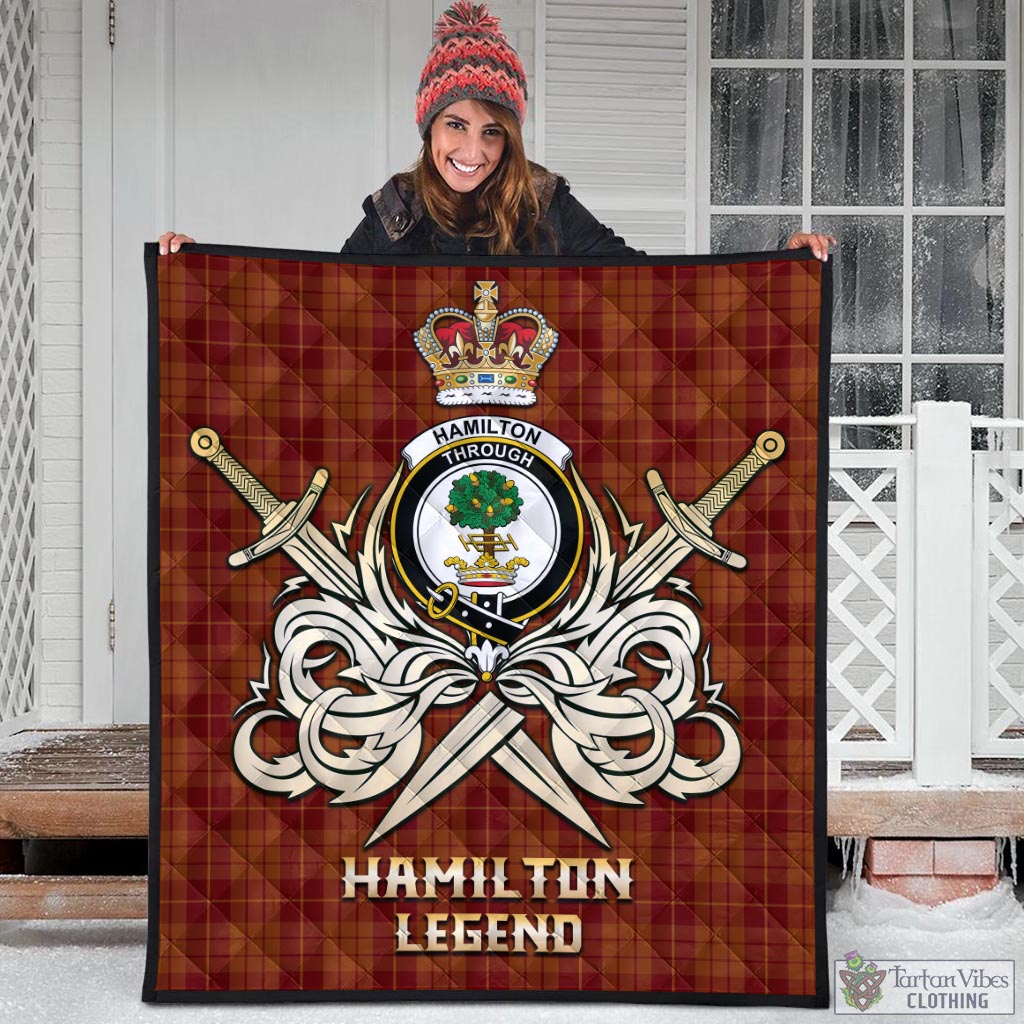 Tartan Vibes Clothing Hamilton Red Tartan Quilt with Clan Crest and the Golden Sword of Courageous Legacy