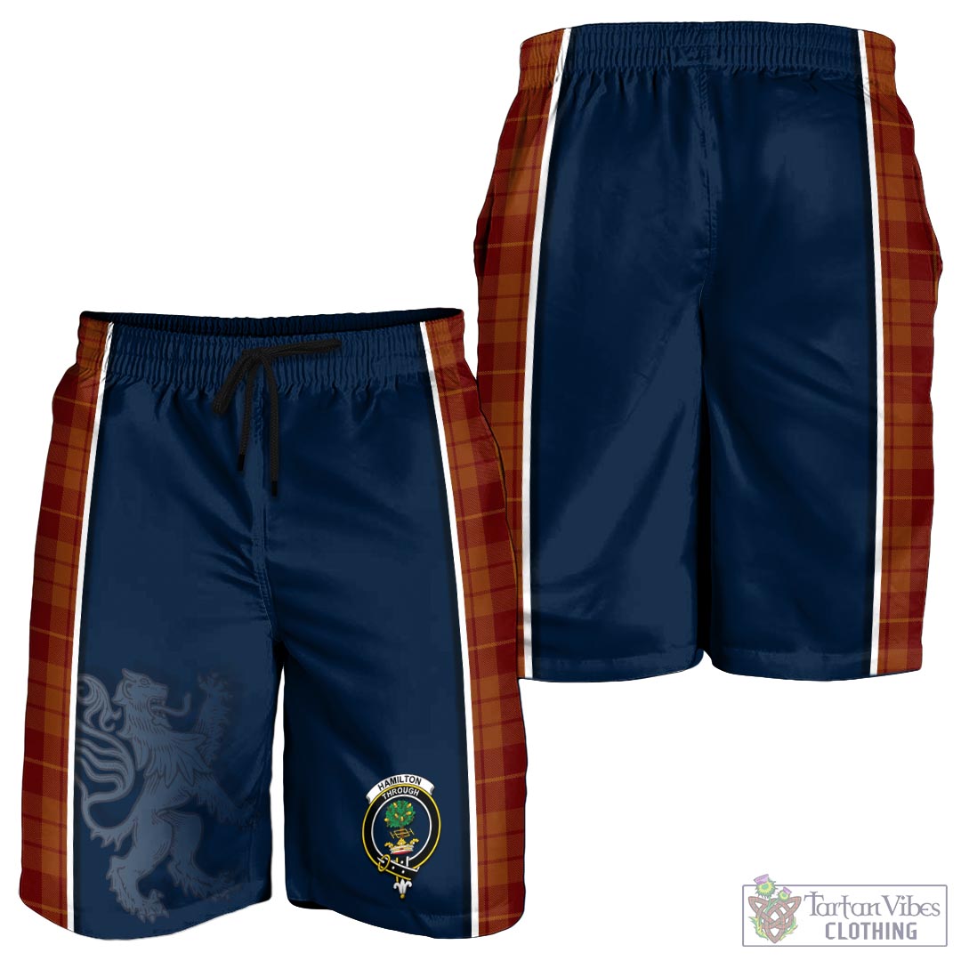 Tartan Vibes Clothing Hamilton Red Tartan Men's Shorts with Family Crest and Lion Rampant Vibes Sport Style