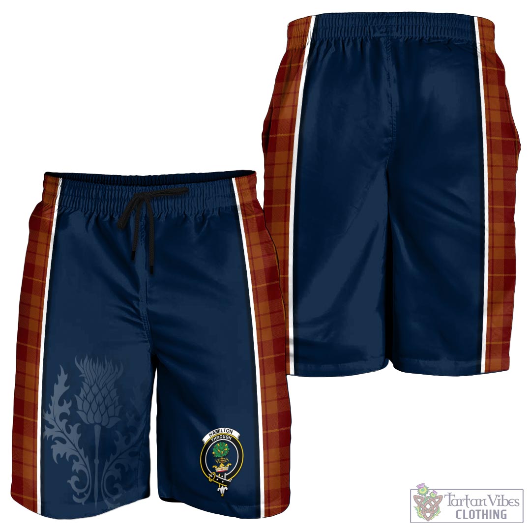 Tartan Vibes Clothing Hamilton Red Tartan Men's Shorts with Family Crest and Scottish Thistle Vibes Sport Style