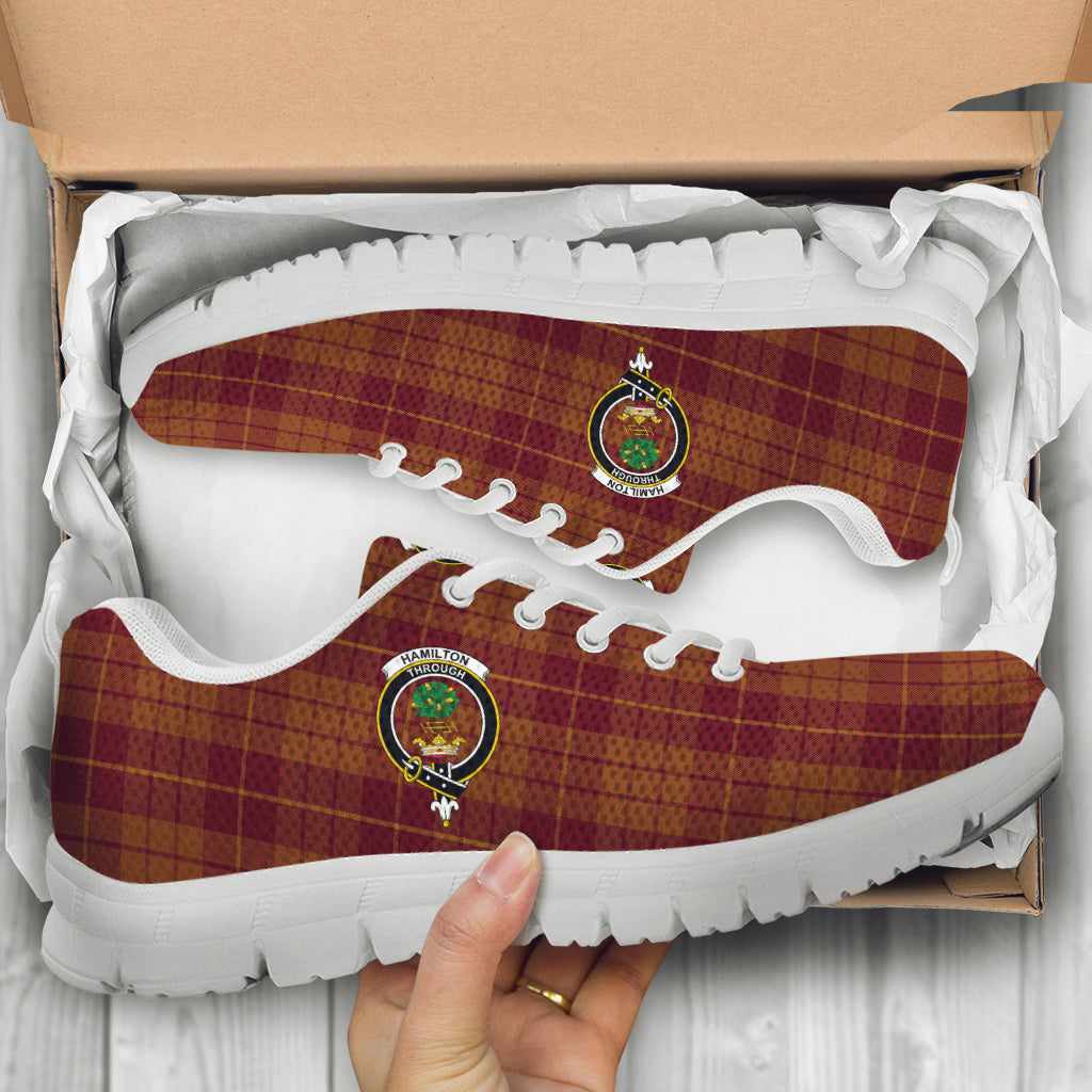 Hamilton Red Tartan Sneakers with Family Crest - Tartan Vibes Clothing