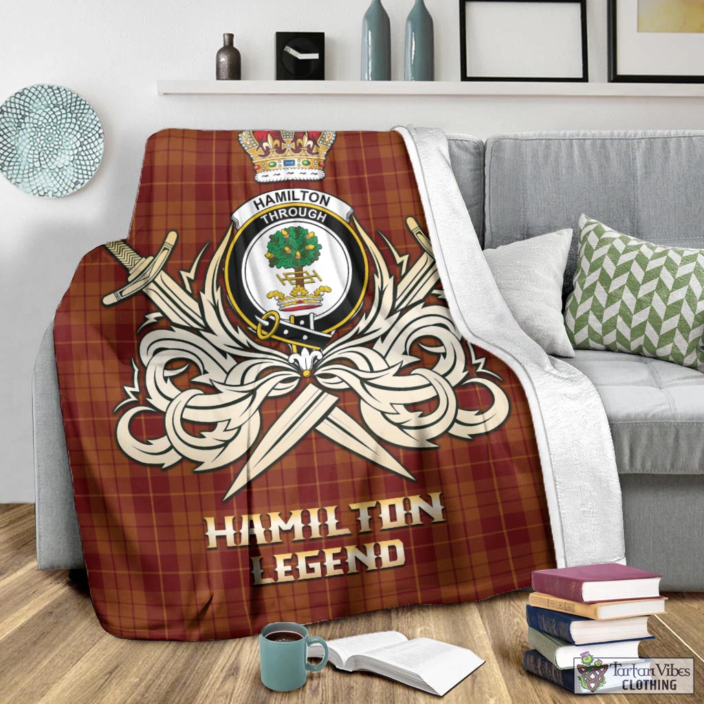 Tartan Vibes Clothing Hamilton Red Tartan Blanket with Clan Crest and the Golden Sword of Courageous Legacy