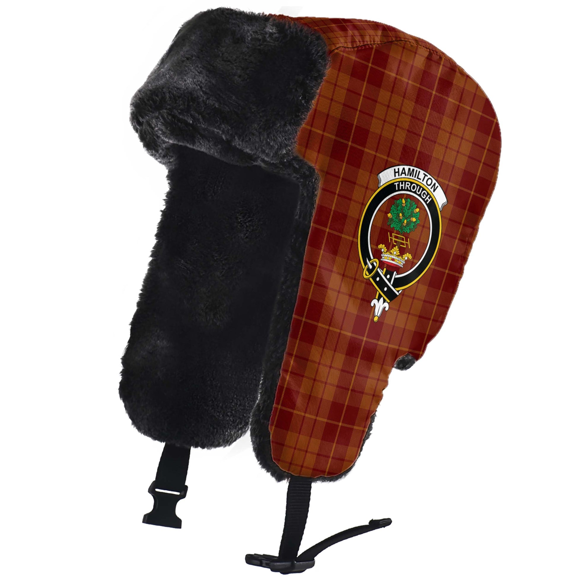 Hamilton Red Tartan Winter Trapper Hat with Family Crest - Tartanvibesclothing