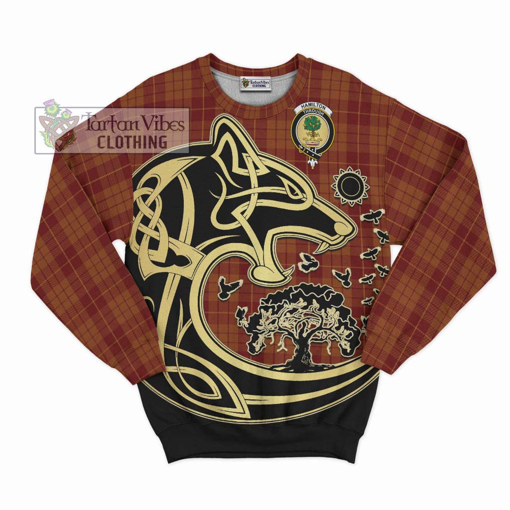 Hamilton Red Tartan Sweatshirt with Family Crest Celtic Wolf Style - Tartan Vibes Clothing