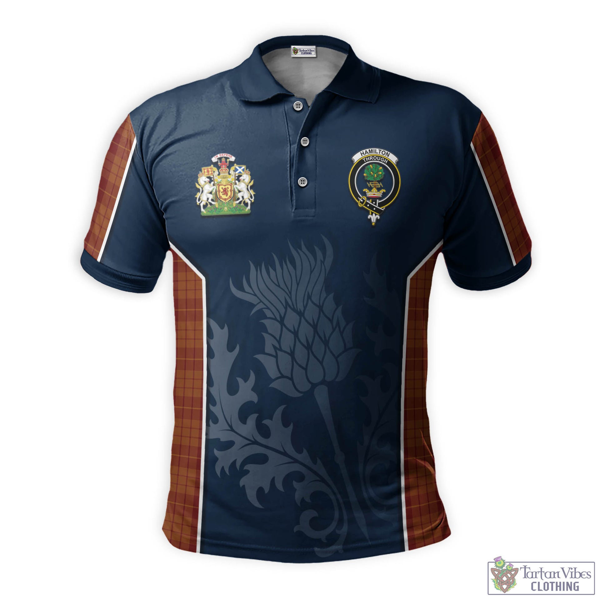 Tartan Vibes Clothing Hamilton Red Tartan Men's Polo Shirt with Family Crest and Scottish Thistle Vibes Sport Style