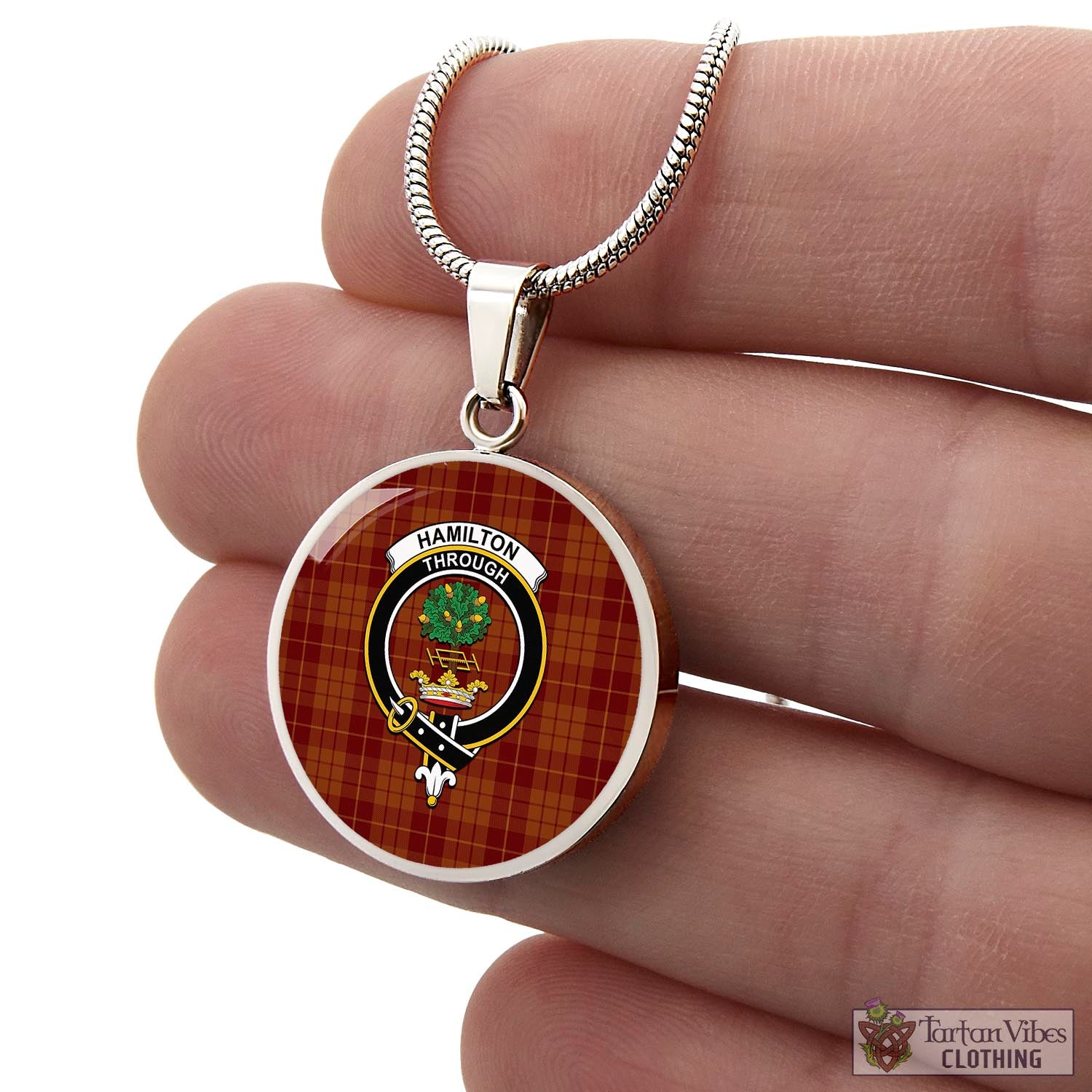 Tartan Vibes Clothing Hamilton Red Tartan Circle Necklace with Family Crest