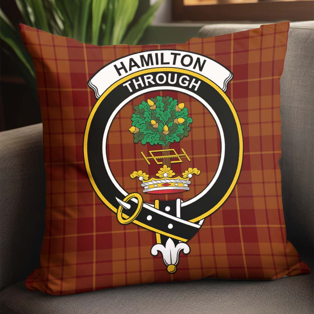 Hamilton Red Tartan Pillow Cover with Family Crest - Tartanvibesclothing