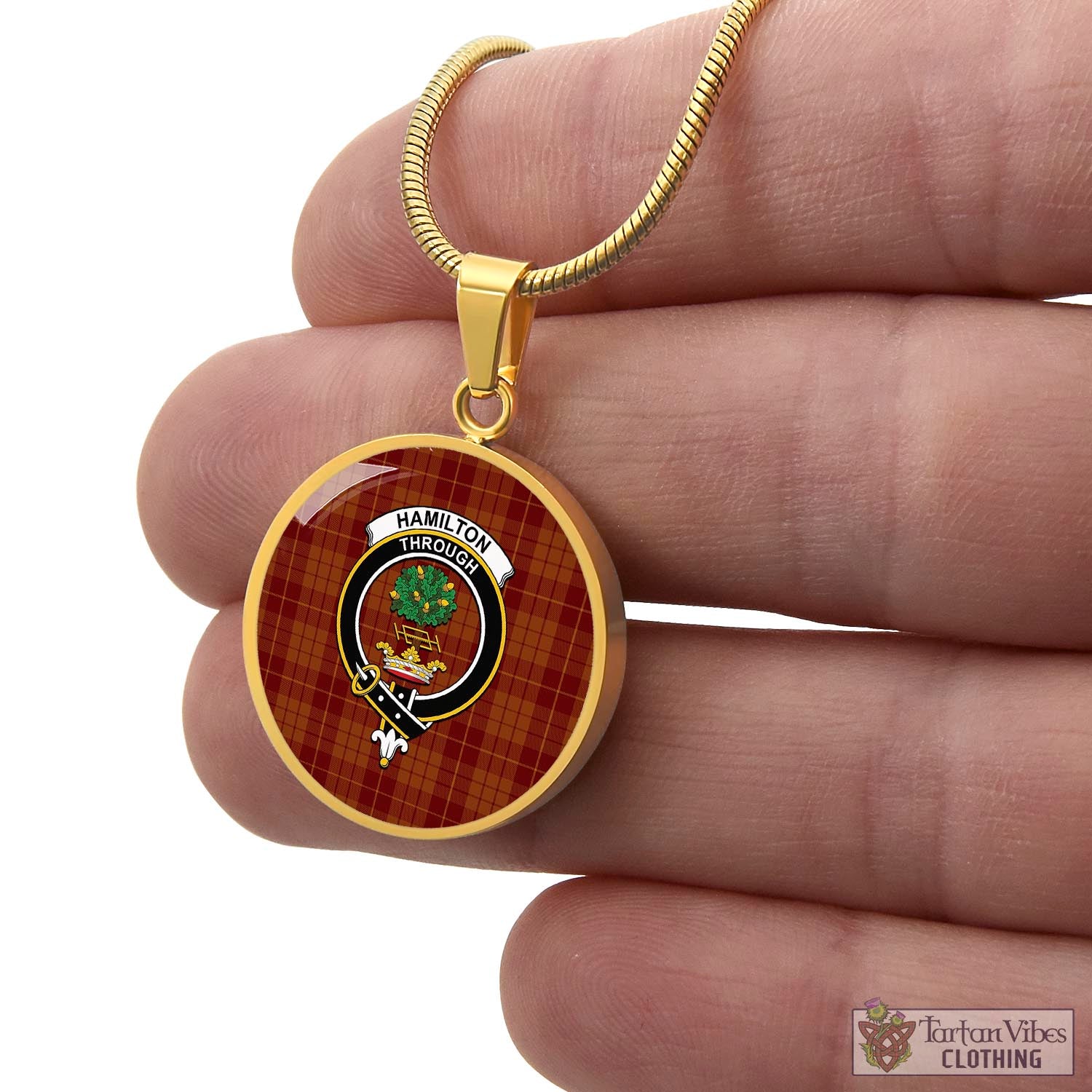 Tartan Vibes Clothing Hamilton Red Tartan Circle Necklace with Family Crest