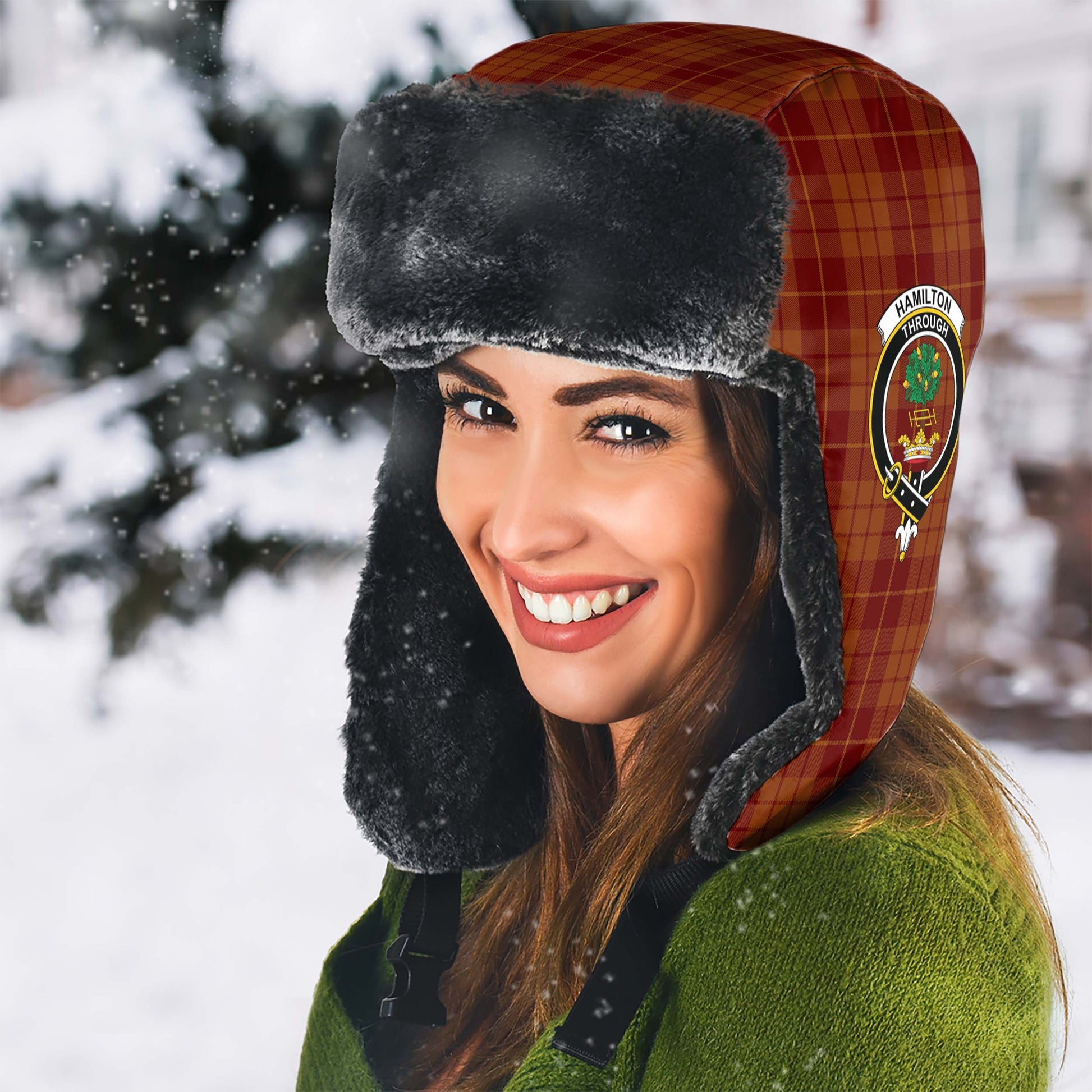 Hamilton Red Tartan Winter Trapper Hat with Family Crest - Tartanvibesclothing