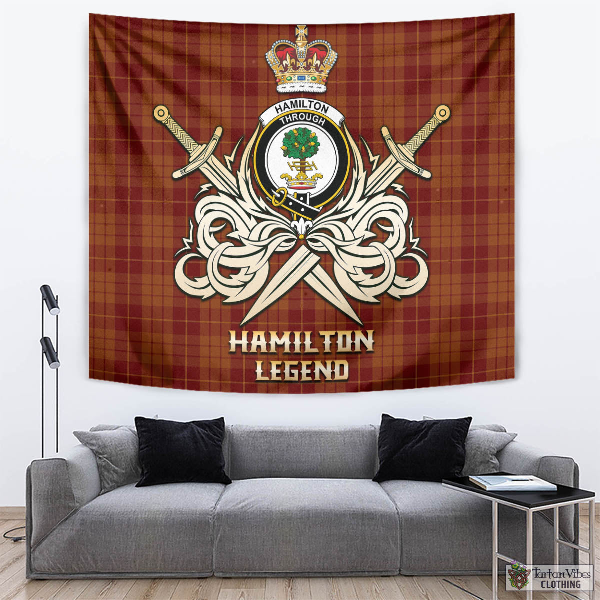 Tartan Vibes Clothing Hamilton Red Tartan Tapestry with Clan Crest and the Golden Sword of Courageous Legacy