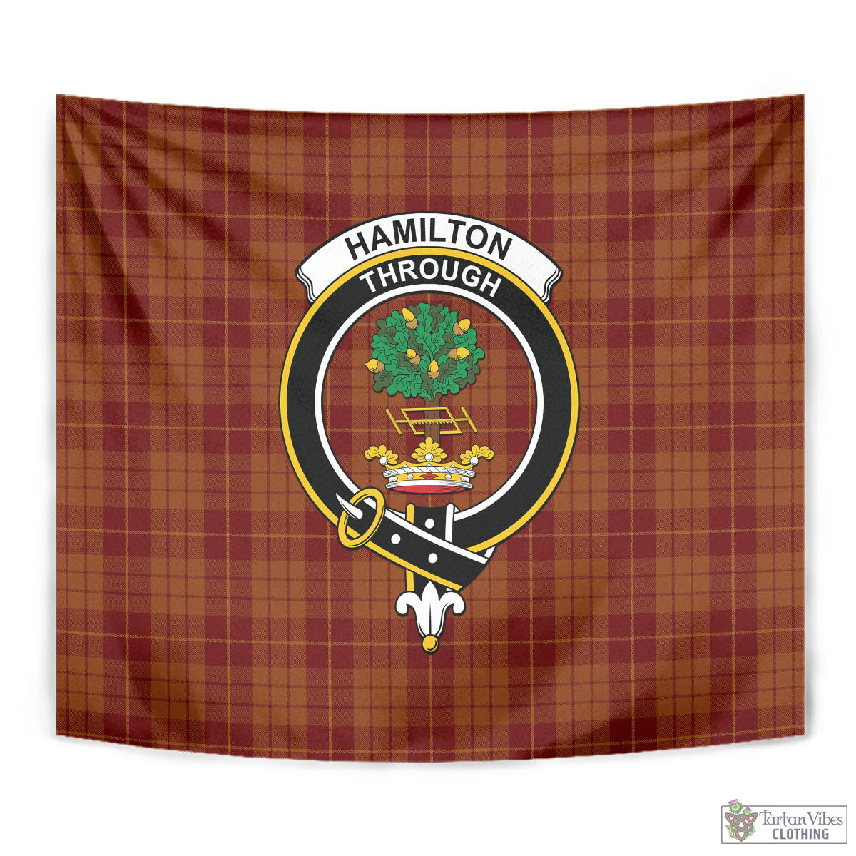 Tartan Vibes Clothing Hamilton Red Tartan Tapestry Wall Hanging and Home Decor for Room with Family Crest