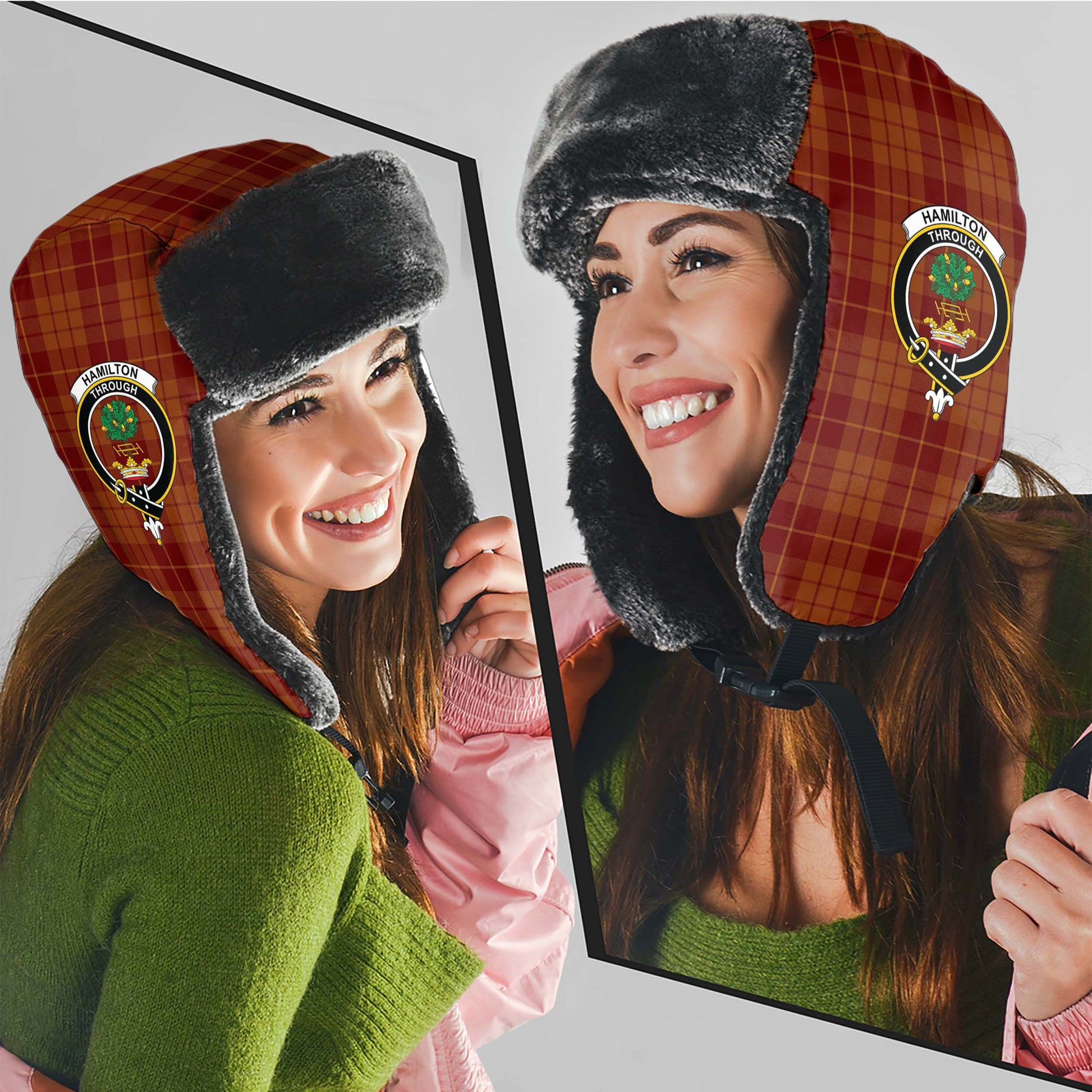 Hamilton Red Tartan Winter Trapper Hat with Family Crest - Tartanvibesclothing