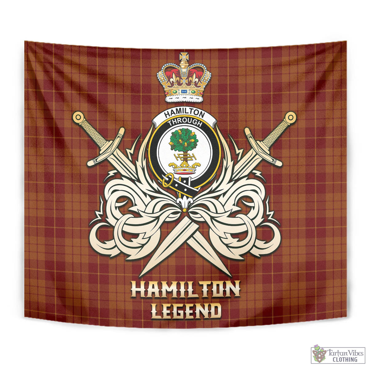 Tartan Vibes Clothing Hamilton Red Tartan Tapestry with Clan Crest and the Golden Sword of Courageous Legacy