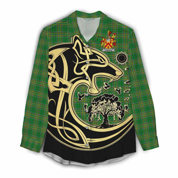 Hamline Irish Tartan Women's Casual Shirt with Coat of Arms Celtic Wolf Style Female - Tartan Vibes Clothing