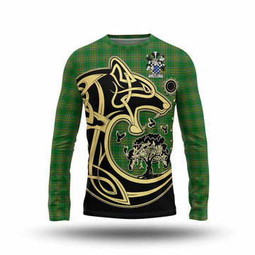 Hand Irish Tartan Long Sleeve T-Shirt with Coat of Arms Celtic Wolf Style Unisex - Tartan Vibes Clothing