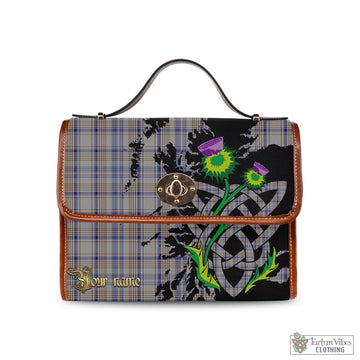 Handwriting Tartan Waterproof Canvas Bag with Scotland Map and Thistle Celtic Accents Brown Leather Strap One Size 10.5*20*27cm - Tartan Vibes Clothing