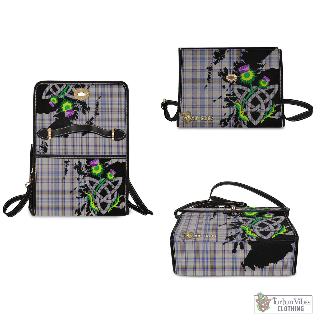 Handwriting Tartan Waterproof Canvas Bag with Scotland Map and Thistle Celtic Accents - Tartan Vibes Clothing