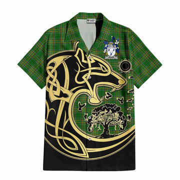 Hanna Irish Tartan Short Sleeve Button Shirt with Coat of Arms Celtic Wolf Style