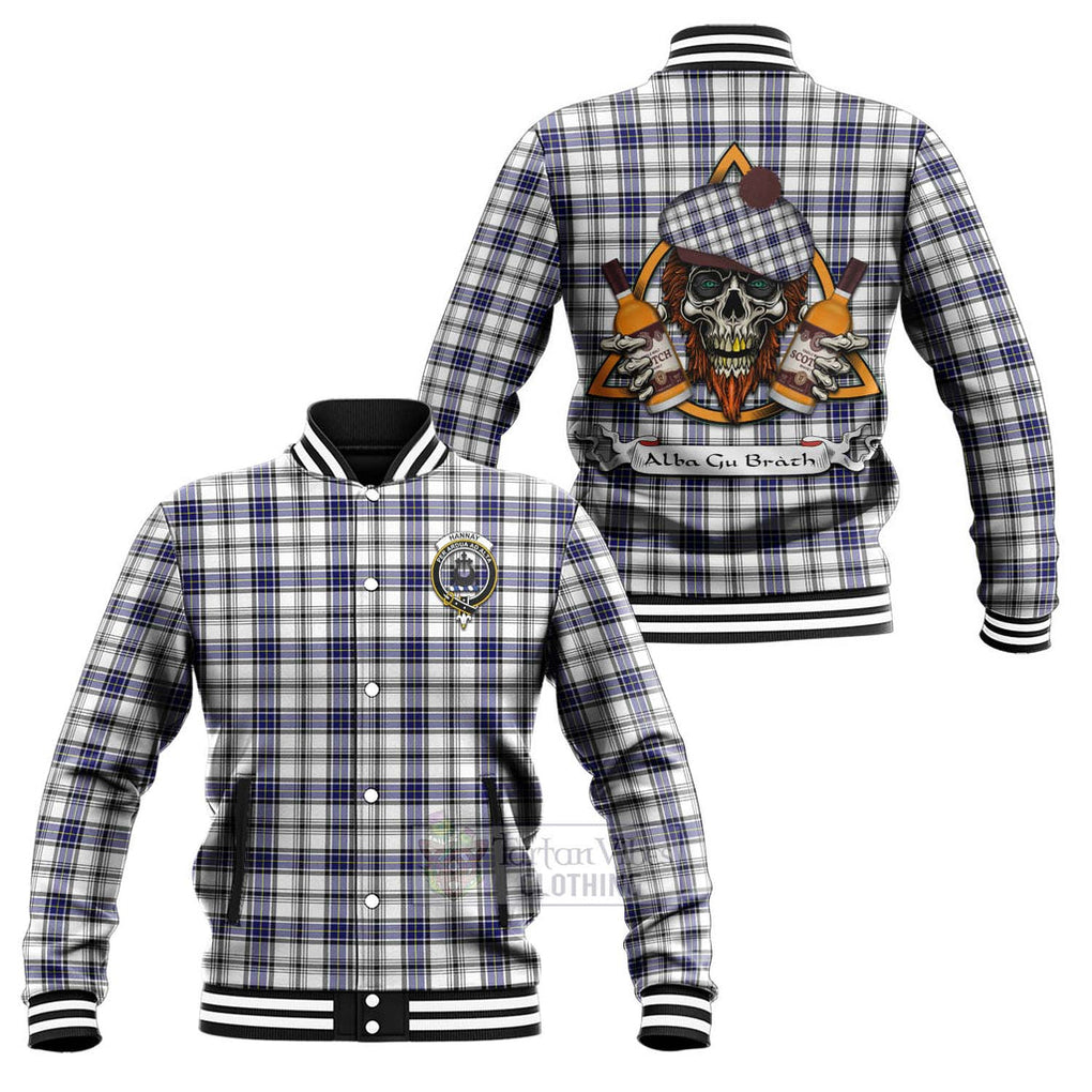 Tartan Vibes Clothing Hannay Tartan Baseball Jacket with Family Crest and Bearded Skull Holding Bottles of Whiskey