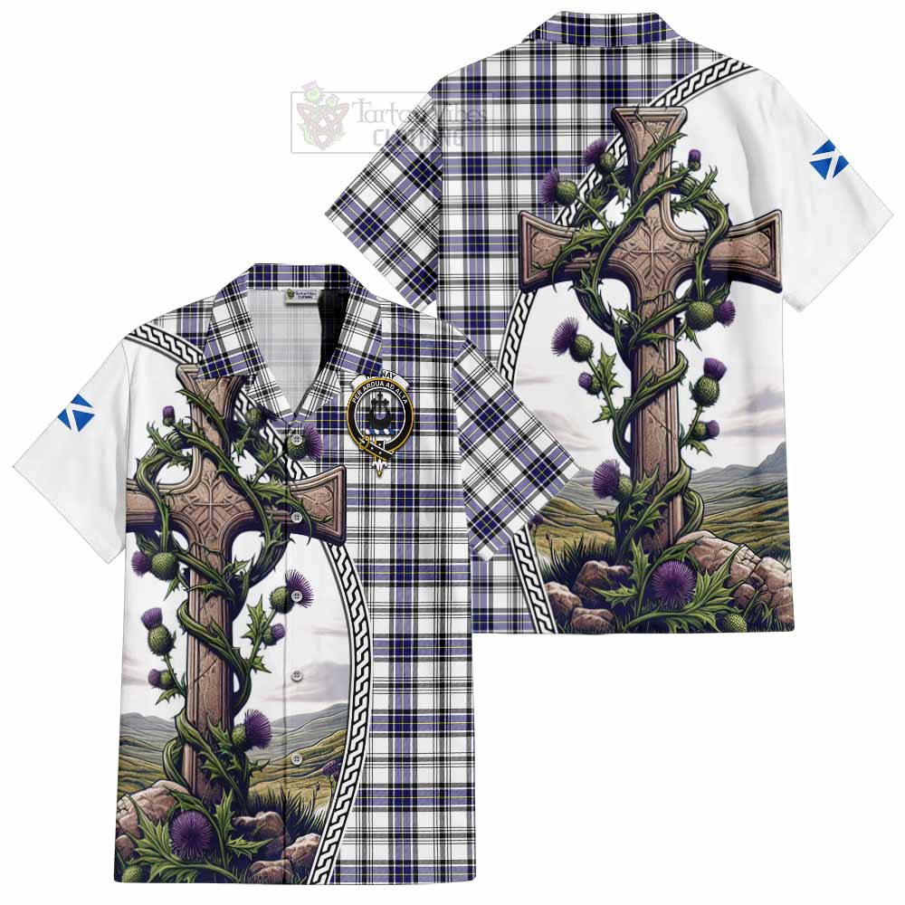 Tartan Vibes Clothing Hannay Tartan Short Sleeve Button Shirt with Family Crest and St. Andrew's Cross Accented by Thistle Vines