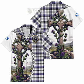 Hannay Tartan Short Sleeve Button Shirt with Family Crest and St. Andrew's Cross Accented by Thistle Vines