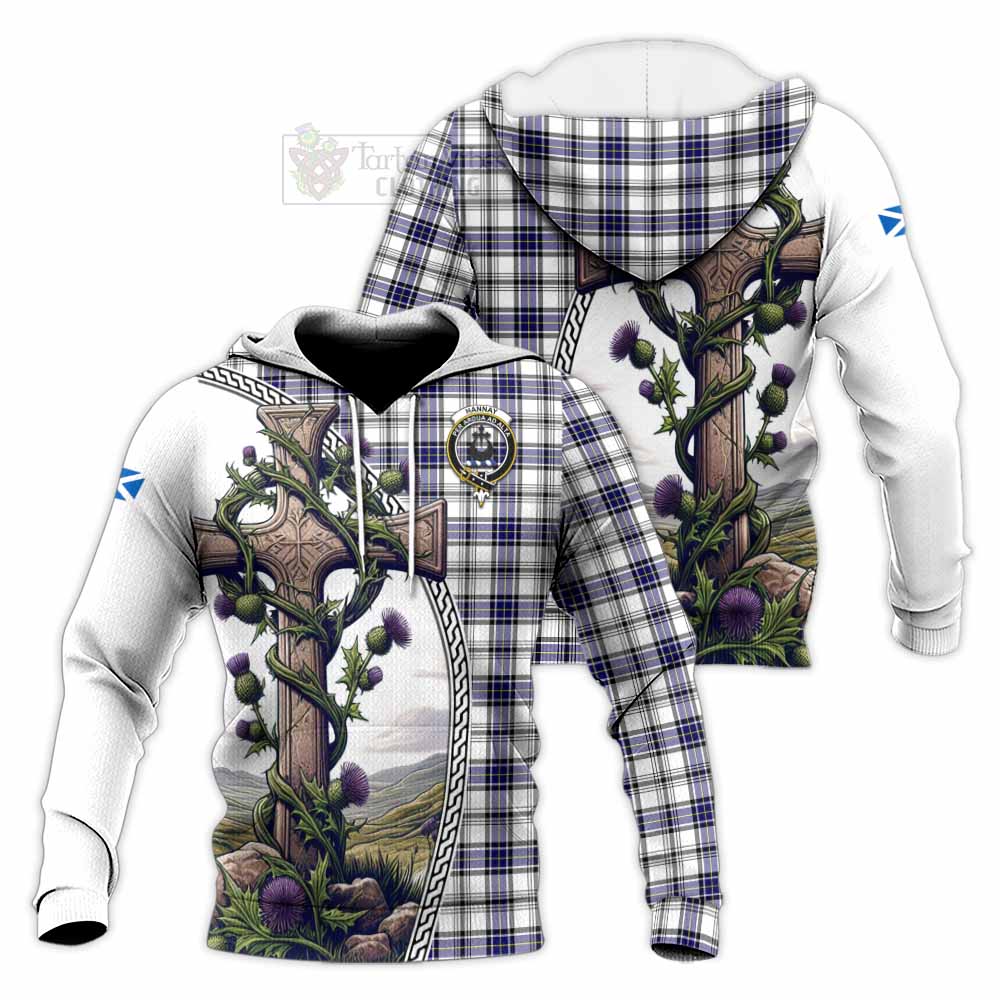 Tartan Vibes Clothing Hannay Tartan Knitted Hoodie with Family Crest and St. Andrew's Cross Accented by Thistle Vines