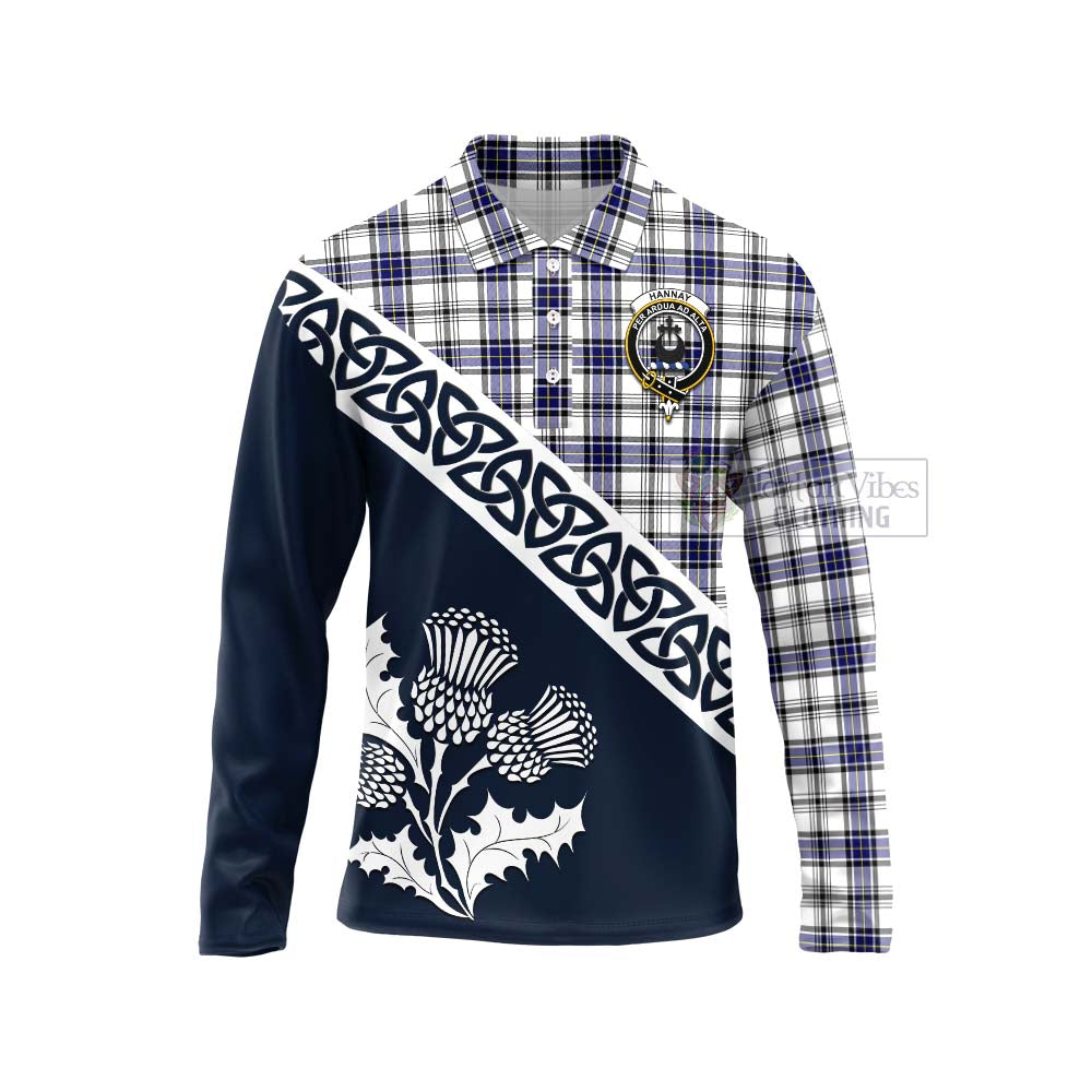 Tartan Vibes Clothing Hannay Tartan Long Sleeve Polo Shirt Featuring Thistle and Scotland Map