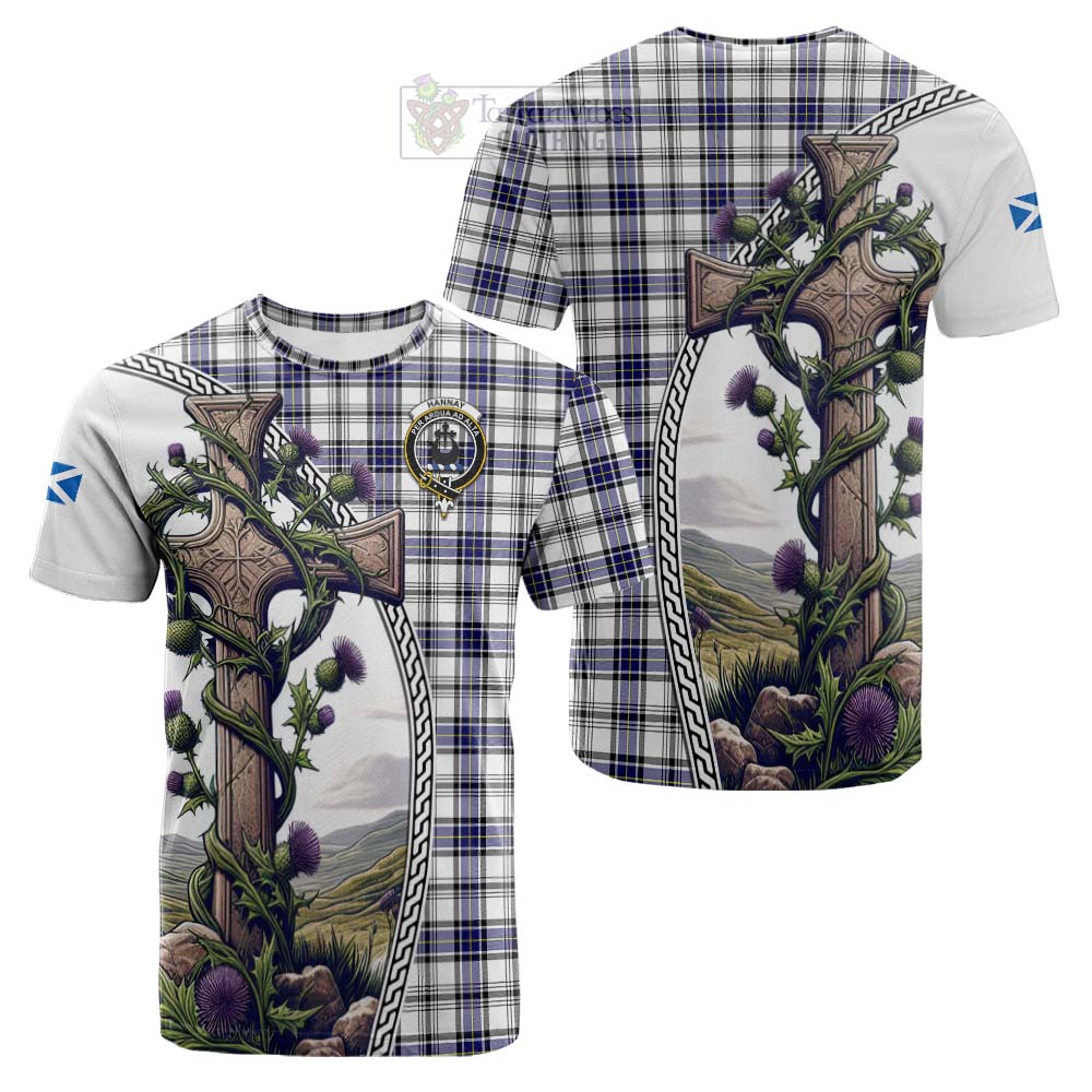 Tartan Vibes Clothing Hannay Tartan Cotton T-shirt with Family Crest and St. Andrew's Cross Accented by Thistle Vines