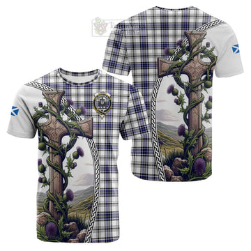 Hannay Tartan Cotton T-shirt with Family Crest and St. Andrew's Cross Accented by Thistle Vines