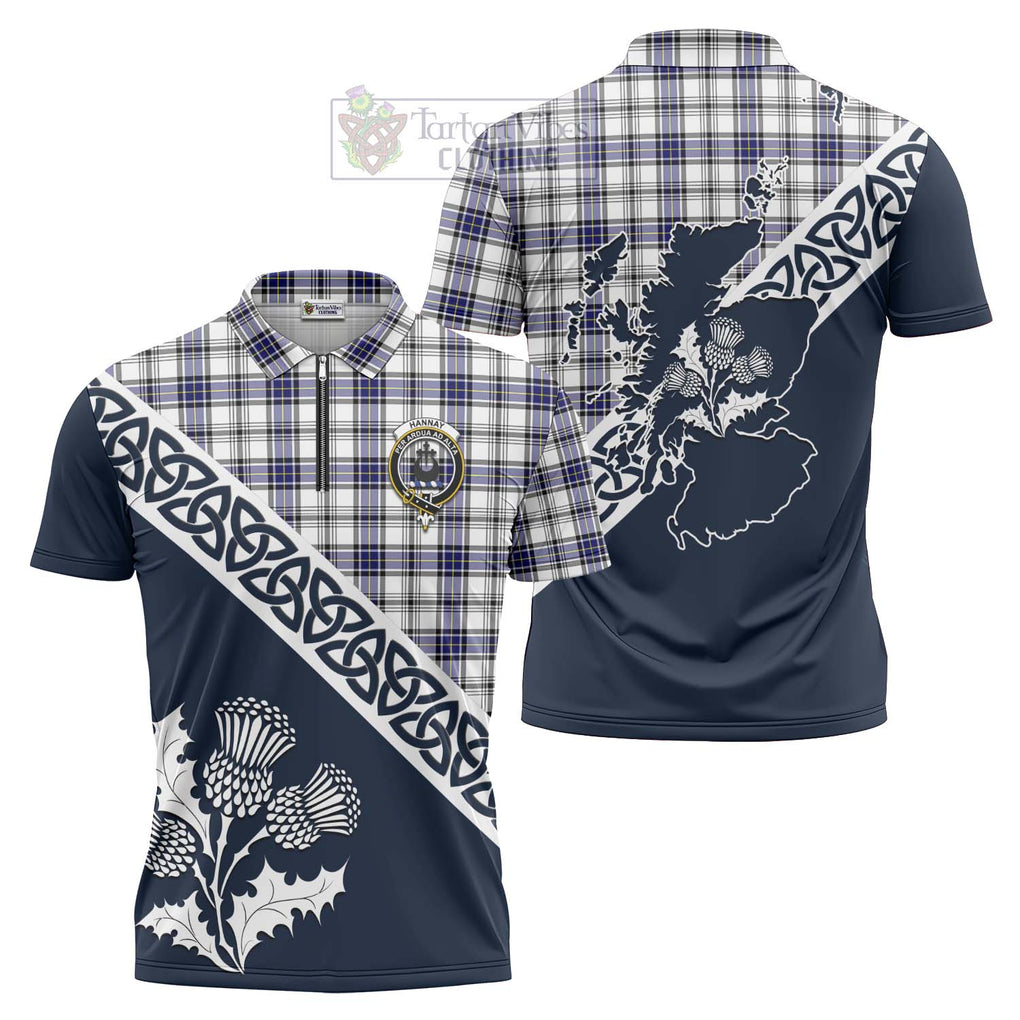 Tartan Vibes Clothing Hannay Tartan Zipper Polo Shirt Featuring Thistle and Scotland Map