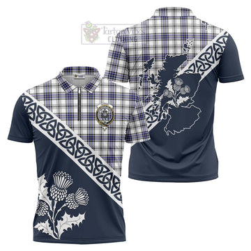 Hannay Tartan Zipper Polo Shirt Featuring Thistle and Scotland Map