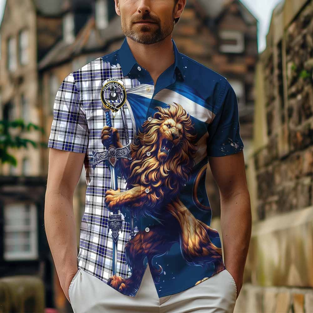 Tartan Vibes Clothing Hannay Tartan Family Crest Short Sleeve Button Shirt with Scottish Majestic Lion