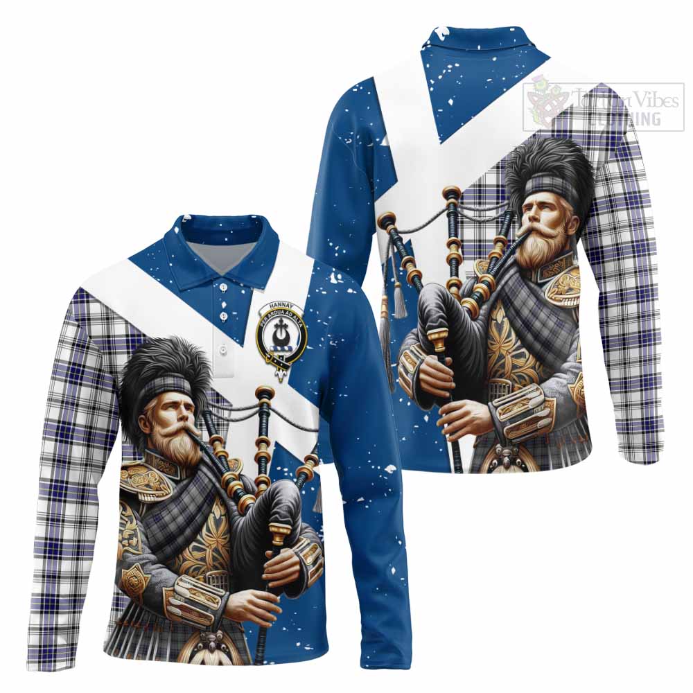 Tartan Vibes Clothing Hannay Tartan Long Sleeve Polo Shirt with Family Crest Scottish Bagpiper Vibes