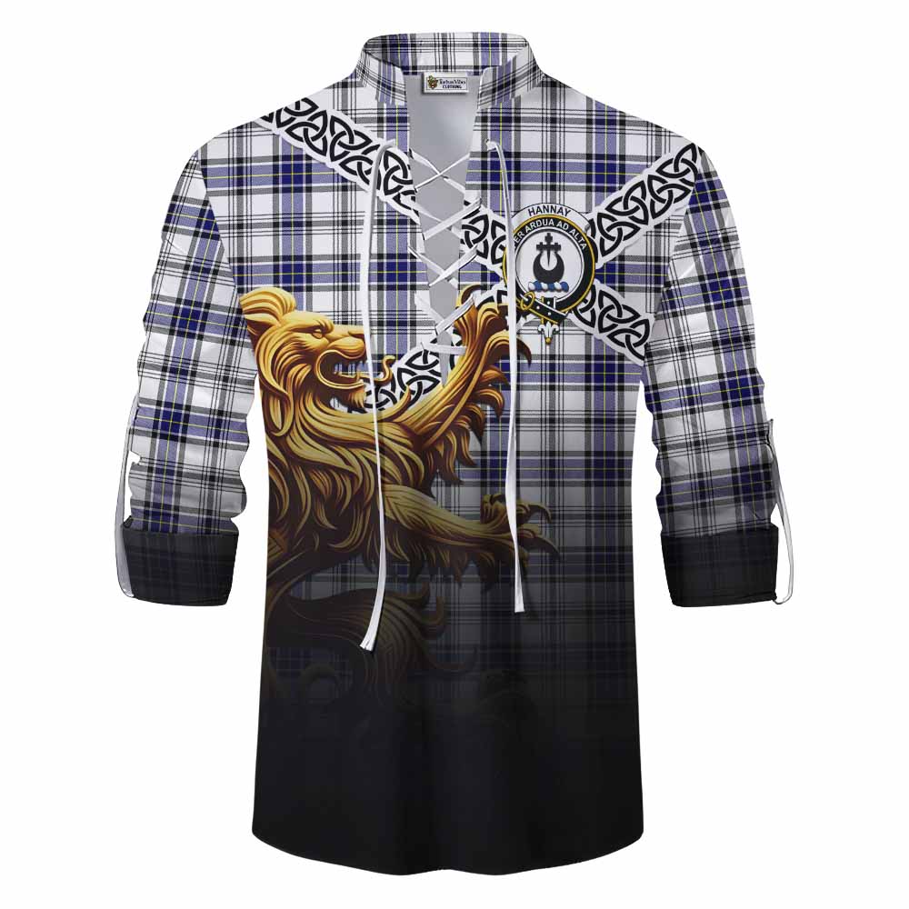 Hannay Crest Tartan Ghillie Kilt Shirt with Golden Lion Emblem Celtic Style Men - Tartan Vibes Clothing