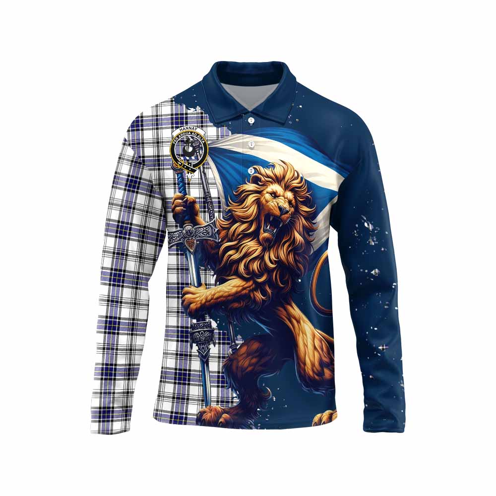 Tartan Vibes Clothing Hannay Tartan Family Crest Long Sleeve Polo Shirt with Scottish Majestic Lion