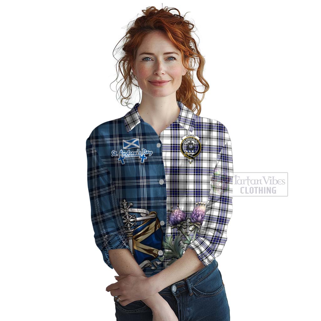 Tartan Vibes Clothing Hannay Tartan Women's Casual Shirt Happy St. Andrew's Day Half Tartan Style