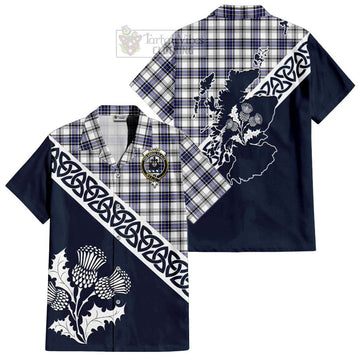 Hannay Tartan Short Sleeve Button Shirt Featuring Thistle and Scotland Map