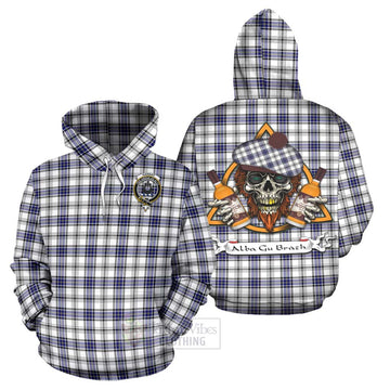 Hannay Tartan Hoodie with Family Crest and Bearded Skull Holding Bottles of Whiskey