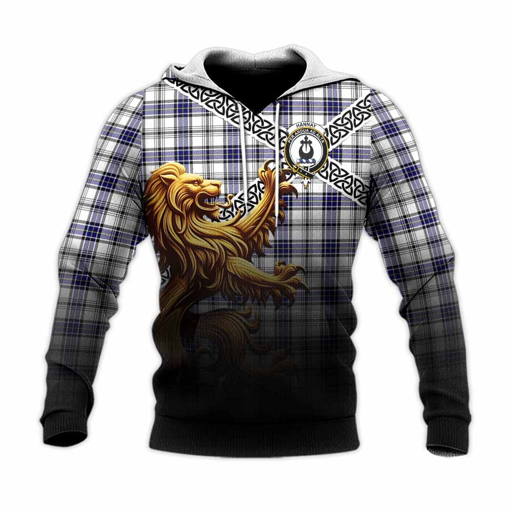 Hannay Crest Tartan Knitted Hoodie with Golden Lion Emblem Celtic Style Unisex Knitted Pullover Hoodie - Tartan Vibes Clothing