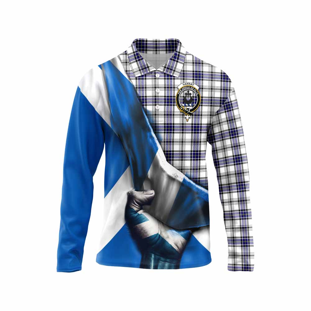 Tartan Vibes Clothing Hannay Tartan Long Sleeve Polo Shirt with Family Crest Scotland Patriotic Style