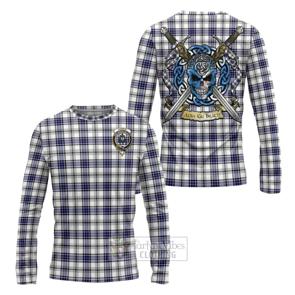 Tartan Vibes Clothing Hannay Tartan Long Sleeve T-Shirt with Family Crest Celtic Skull Style