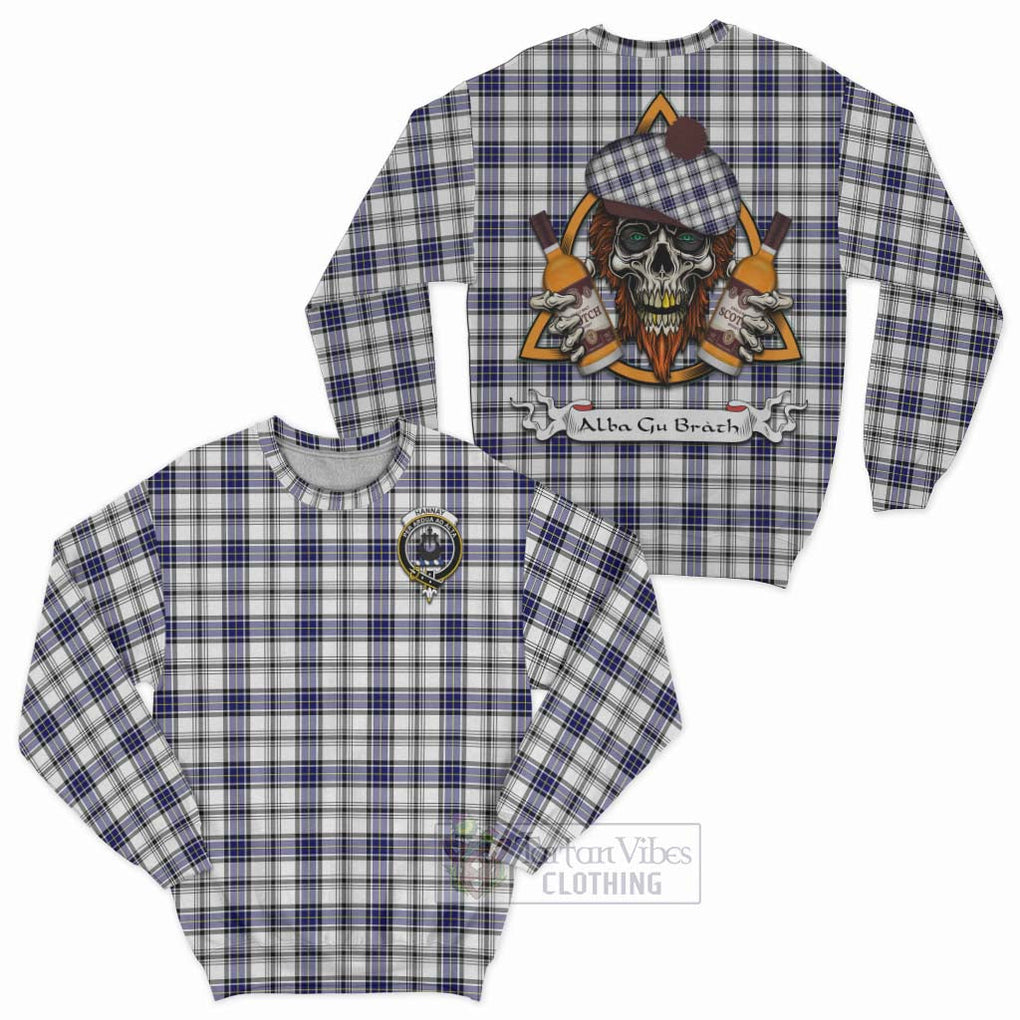 Tartan Vibes Clothing Hannay Tartan Sweatshirt with Family Crest and Bearded Skull Holding Bottles of Whiskey