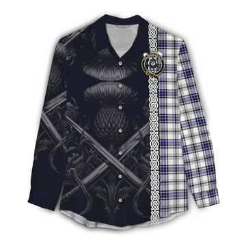 Hannay Tartan Women's Casual Shirt with Family Crest Cross Sword Thistle Celtic Vibes