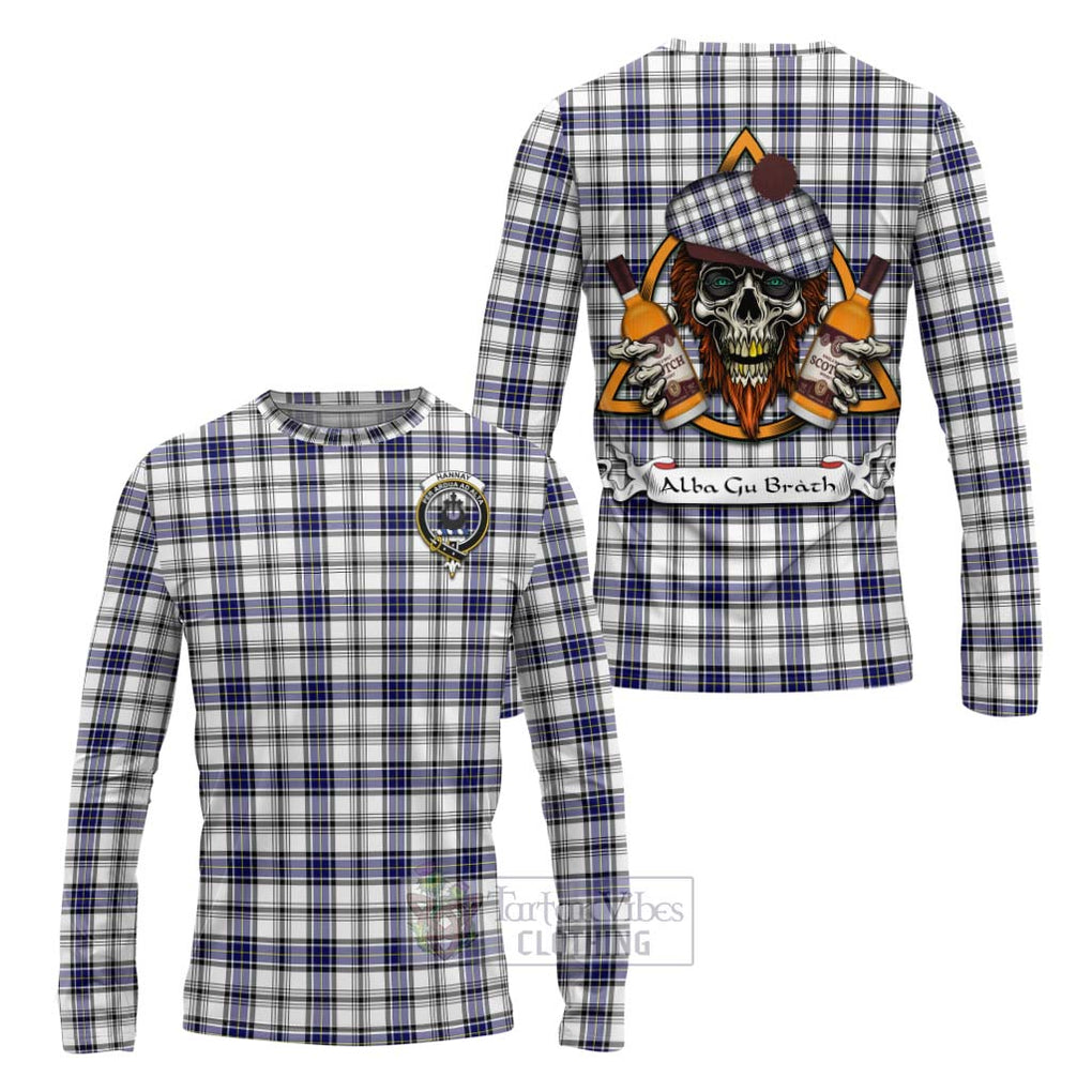 Tartan Vibes Clothing Hannay Tartan Long Sleeve T-Shirt with Family Crest and Bearded Skull Holding Bottles of Whiskey